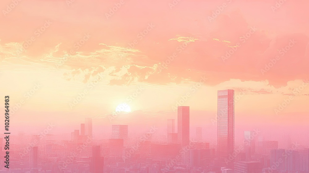 A pastel pink sunset over a city skyline, with soft clouds reflecting the warm colors of the setting sun A pastel pink sunset over a city skyline, with soft clouds reflecting the warm colors of the setting sun