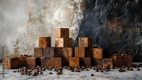 An artistic setup of wooden blocks displaying etched years, alongside a generous scattering of coffee beans, presented on a textured background that enhances the organic feel of the scene  photo