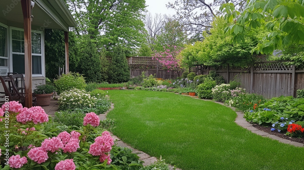 Naklejka premium A peaceful backyard with a green lawn, surrounded by flowering shrubs and a small vegetable garden, symbolizing suburban tranquility.