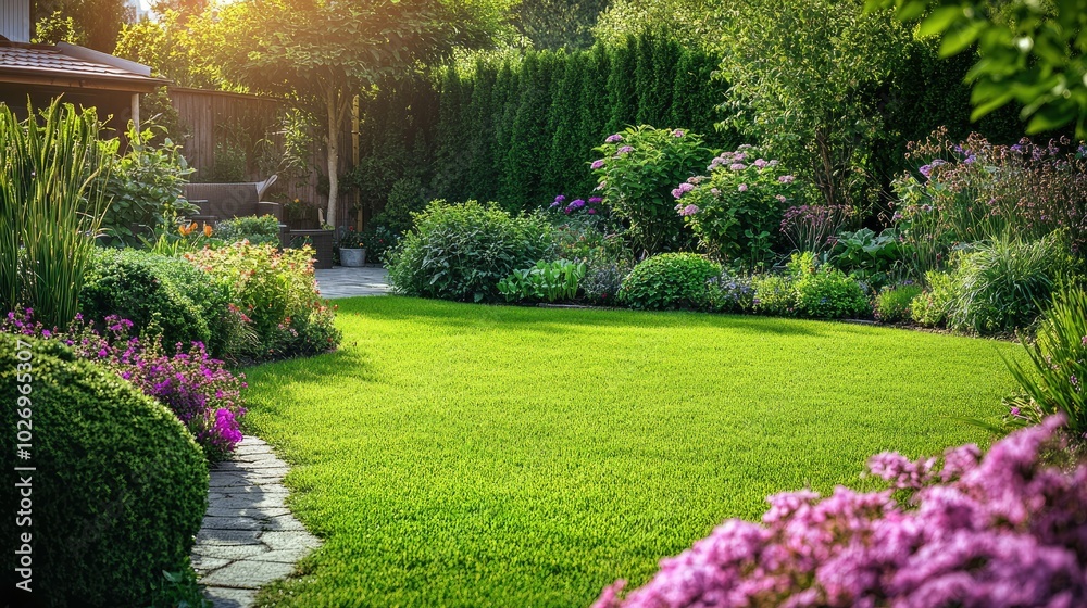 Fototapeta premium A peaceful backyard with a green lawn, surrounded by flowering shrubs and a small vegetable garden, symbolizing suburban tranquility.