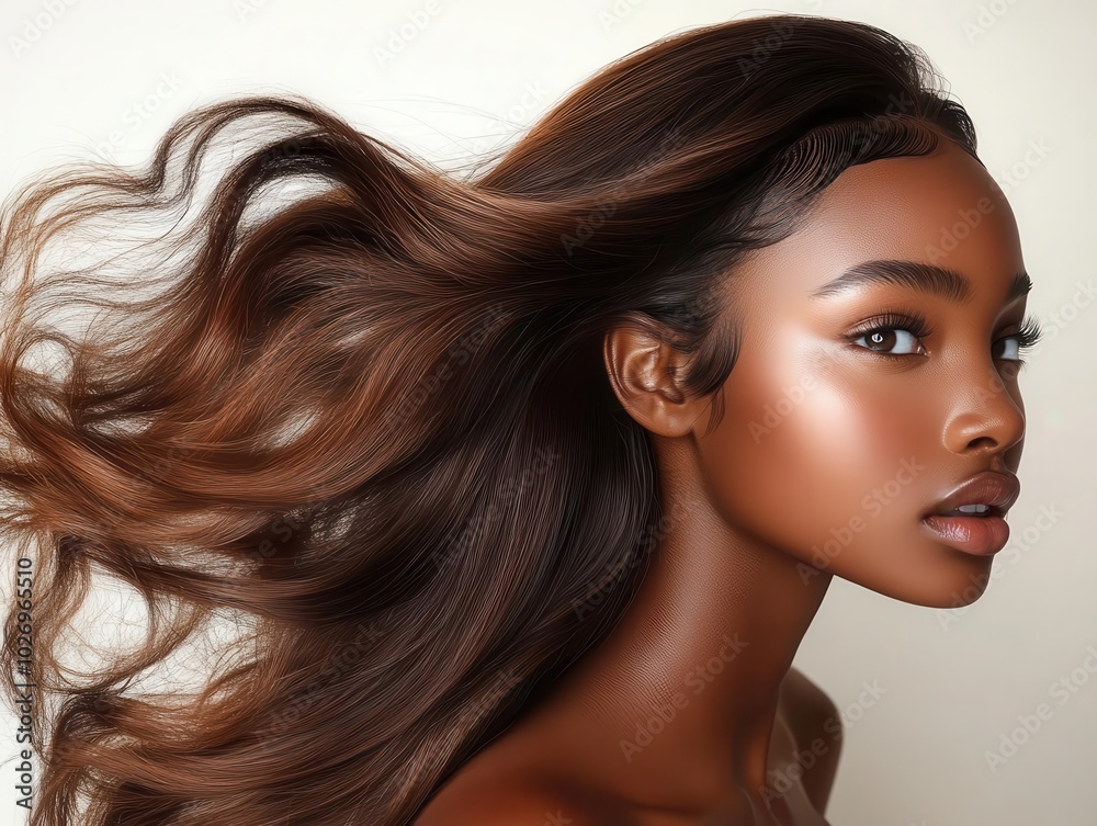 black woman with sleek, shiny brown hair swirling elegantly against a white background, showcasing beauty and style, highlighting hair care and fashion aesthetics black woman with sleek, shiny brown hair swirling elegantly against a white background, showcasing beauty and style, highlighting hair care and fashion aesthetics