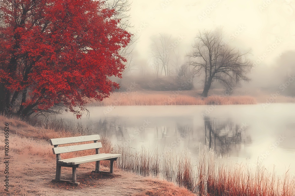 Wooden bench under a tree in an autumn park, golden leaves scattered around, creating a serene and nostalgic fall scene. Wooden bench under a tree in an autumn park, golden leaves scattered around, creating a serene and nostalgic fall scene.