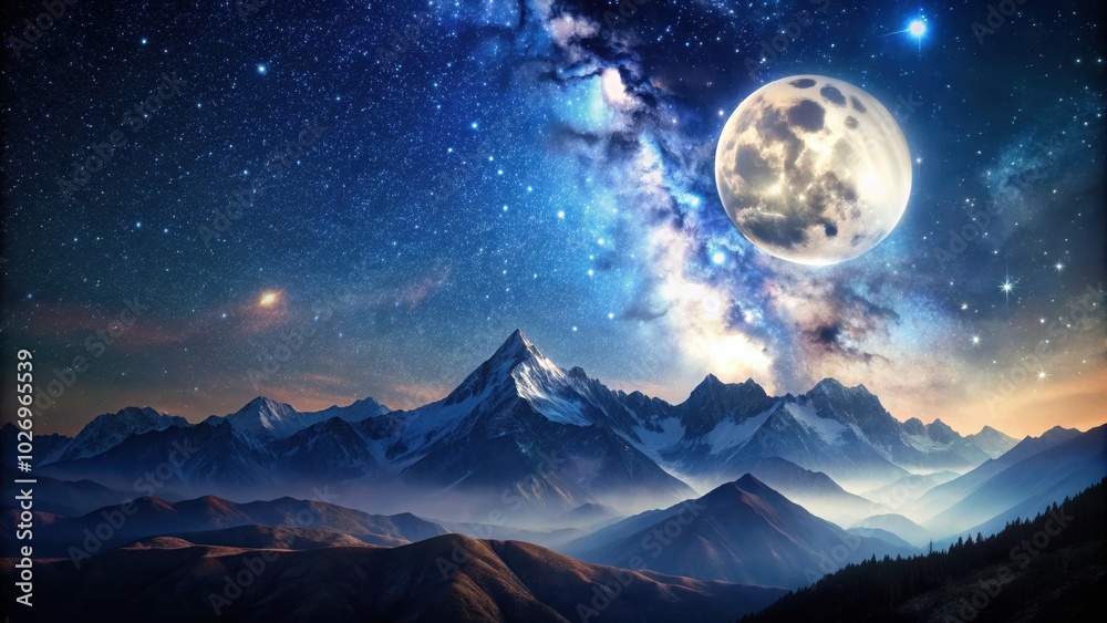 Abstract mountain landscape with a full moon and stars at night , nature, landscape, mountains, moon, stars, sky, night Abstract mountain landscape with a full moon and stars at night , nature, landscape, mountains, moon, stars, sky, night