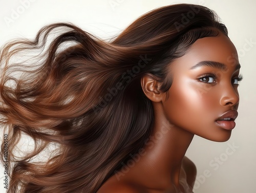 black woman with sleek, shiny brown hair swirling elegantly against a white background, showcasing beauty and style, highlighting hair care and fashion aesthetics