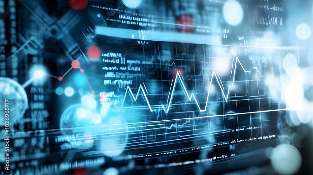 Close-up digital screen showing line graph with upward and downward trends, symbolizing cancer research progress and setbacks, medical charts and scientific symbols in background Close-up digital screen showing line graph with upward and downward trends, symbolizing cancer research progress and setbacks, medical charts and scientific symbols in background