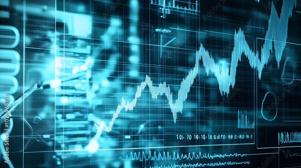 Close-up digital screen showing line graph with upward and downward trends, symbolizing cancer research progress and setbacks, medical charts and scientific symbols in background Close-up digital screen showing line graph with upward and downward trends, symbolizing cancer research progress and setbacks, medical charts and scientific symbols in background