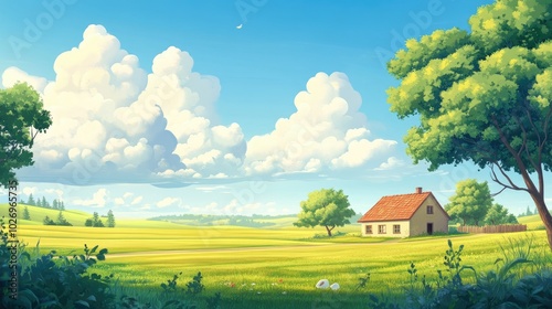 A peaceful countryside scene featuring a small farmhouse surrounded by green fields, trees, and a clear blue sky.