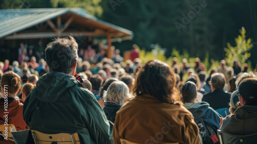 Outdoor literature festival featuring famous authors giving talks, with picturesque scenery and a diverse crowd of book lovers.