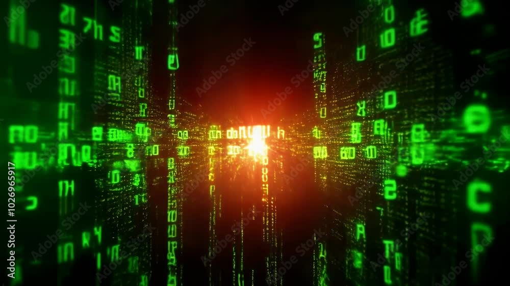 binary code background, Digital matrix, glowing green numbers, cyber space, binary code, data stream, technological background, virtual reality, orange light burst, abstract digital landscape