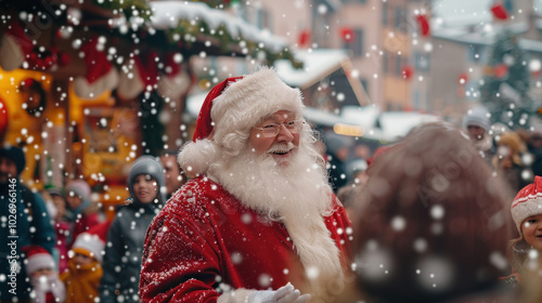 Santa Claus at a Christmas festival handing out gifts to children, with a backdrop of a snow-covered town square full of festive decorations. photo