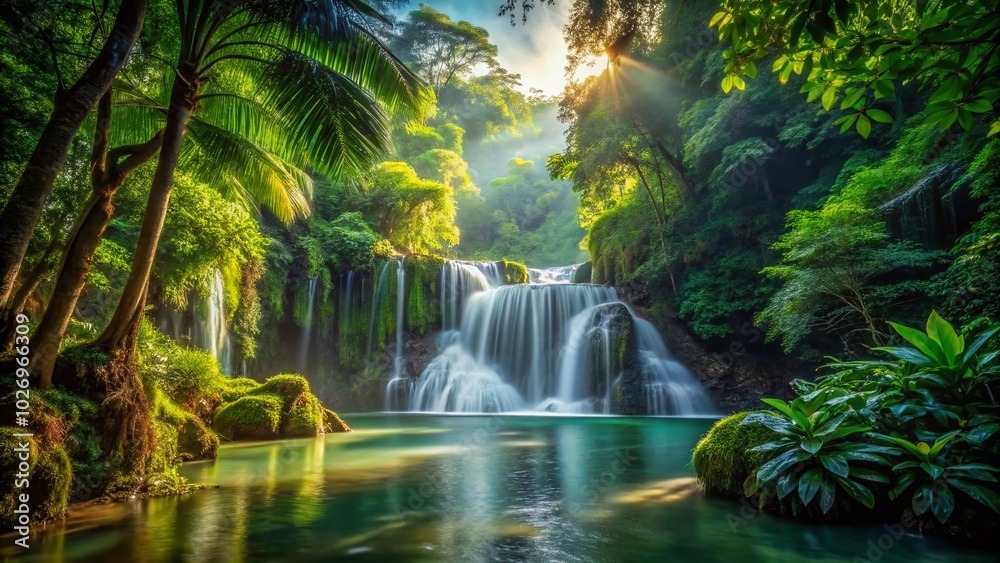 Obraz premium Mesmerizing Waterfall in Tropical Jungle - Lush Foliage and Serene River Scene