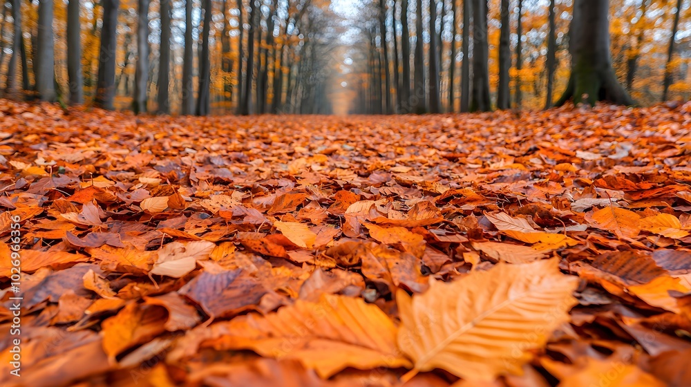 Autumn forest path covered in vibrant fallen leaves Autumn forest path covered in vibrant fallen leaves
