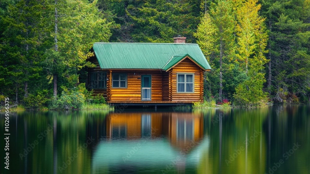 A peaceful lakeside cabin with a green tin roof, nestled among trees with a reflection on the calm water. A peaceful lakeside cabin with a green tin roof, nestled among trees with a reflection on the calm water.