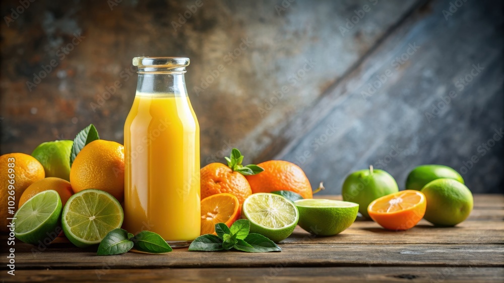 Fresh citrus juice in glass bottle with limes and oranges, ideal for promoting healthy refreshment and natural beverages Fresh citrus juice in glass bottle with limes and oranges, ideal for promoting healthy refreshment and natural beverages