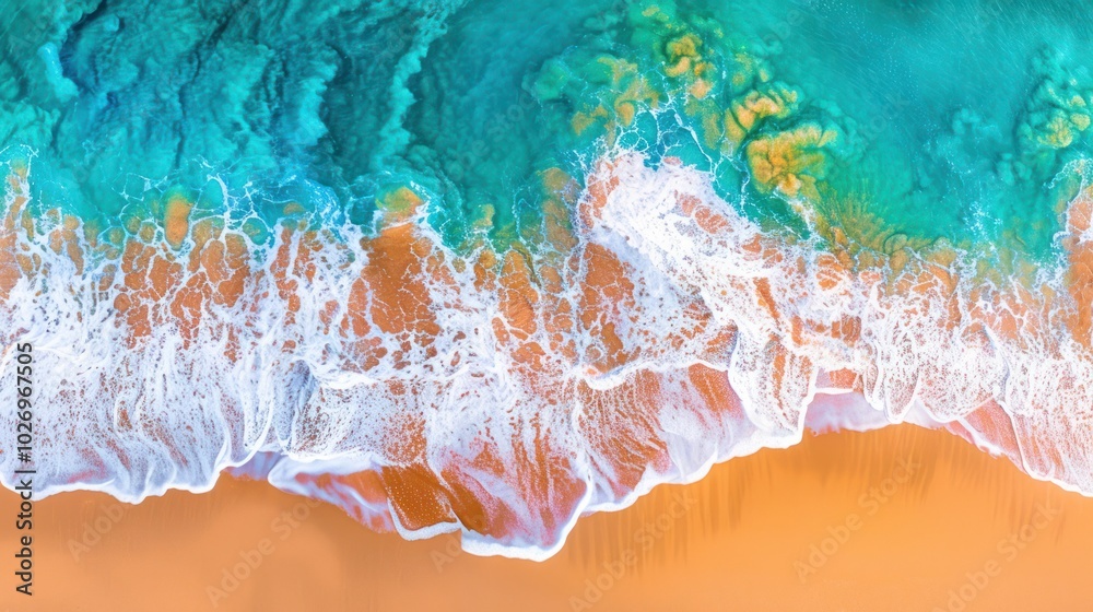 Aerial View of Turquoise Water Crashing on Sandy Beach Aerial View of Turquoise Water Crashing on Sandy Beach
