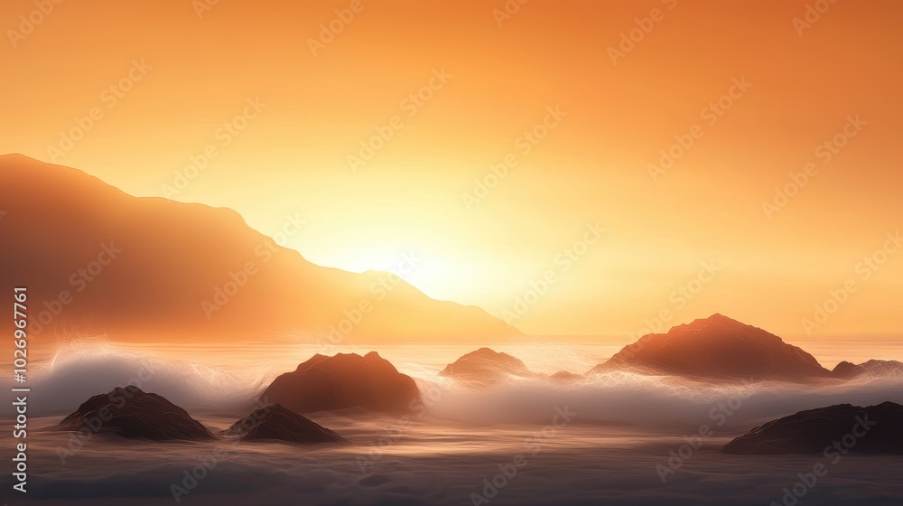 Serene Sunset Over Rocky Coastline Serene Sunset Over Rocky Coastline