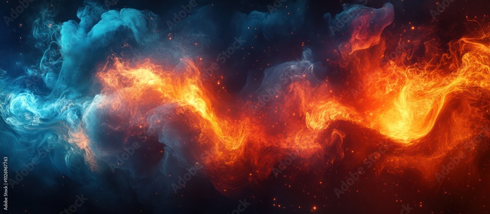 Abstract fiery and icy blue smoke in swirling and flowing design on a dark background. Abstract fiery and icy blue smoke in swirling and flowing design on a dark background.