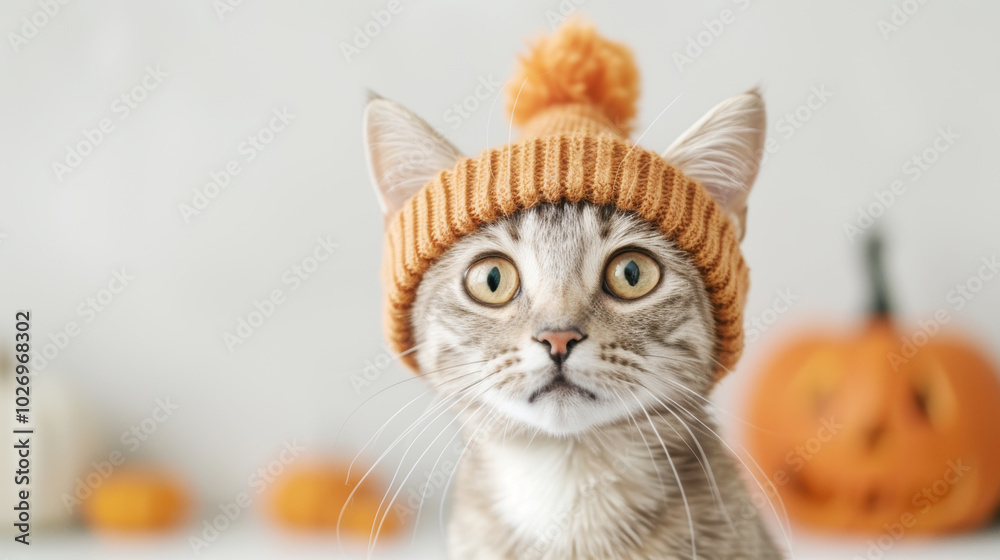 Obraz premium Adorable striped cat wearing yellow wool hat with Jack O' Lantern pumpkin doll in comfortable white house. Animal happy on Halloween holiday
