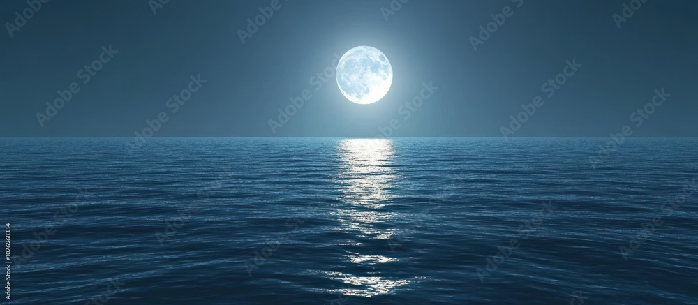 Full moon shining over a calm ocean at night. Full moon shining over a calm ocean at night.