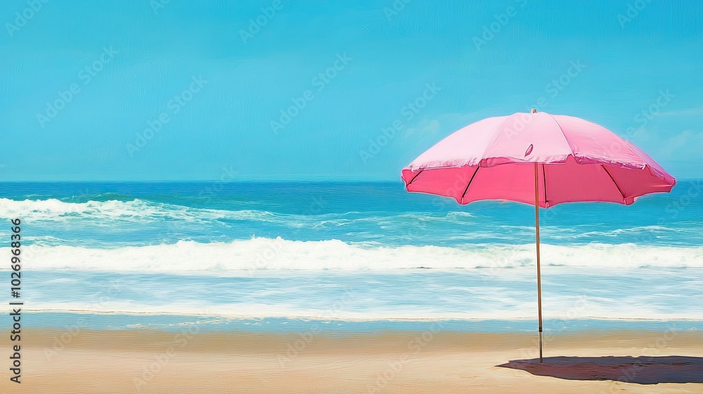 A pink parasol casting shade on a sunny beach, with the ocean waves in the background A pink parasol casting shade on a sunny beach, with the ocean waves in the background