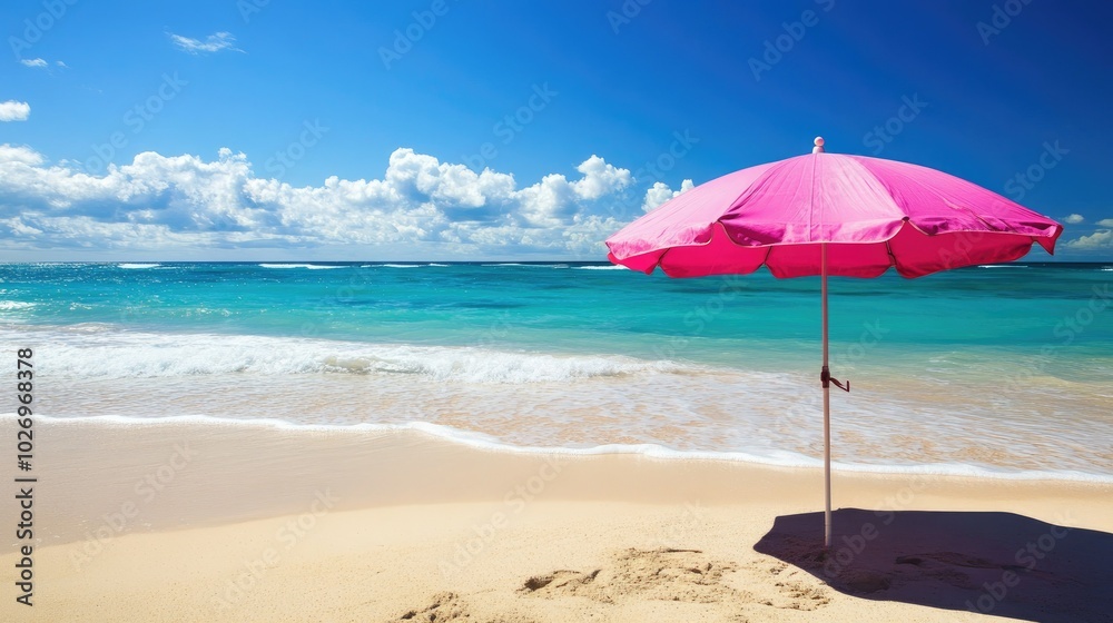 A pink parasol casting shade on a sunny beach, with the ocean waves in the background A pink parasol casting shade on a sunny beach, with the ocean waves in the background