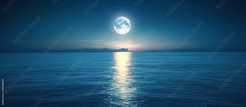 Full moon reflecting on a calm ocean at night. Full moon reflecting on a calm ocean at night.