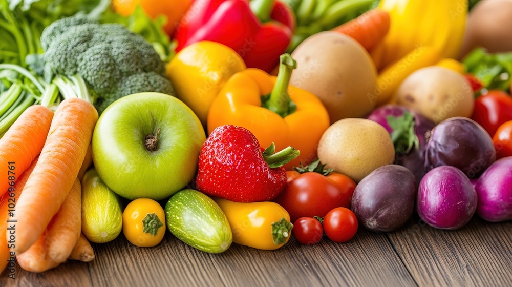 Close-up of vibrant fresh vegetables and fruits on wooden table, symbolizing healthy blood pressure foods, emphasizing natural nutrition and wellness. Close-up of vibrant fresh vegetables and fruits on wooden table, symbolizing healthy blood pressure foods, emphasizing natural nutrition and wellness.