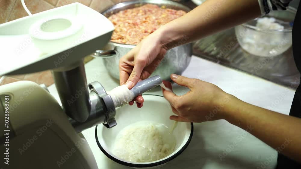 Cook pulls the intestine for stuffing the sausage on the nozzle of the electric meat grinder. High quality 4k footage Cook pulls the intestine for stuffing the sausage on the nozzle of the electric meat grinder. High quality 4k footage