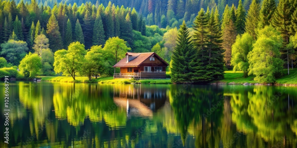 Fototapeta premium Beautiful landscape with a cozy house nestled among towering trees, lush greenery, and a serene lake, house, landscape, trees