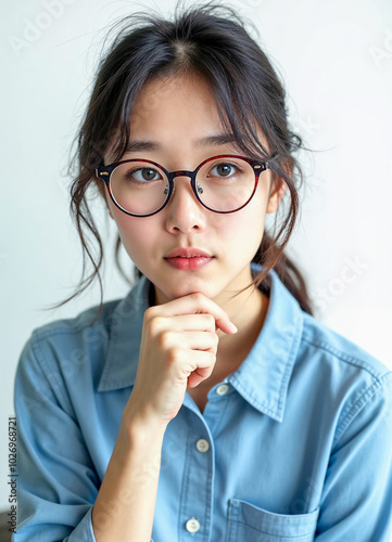 Pensive Young Woman in Striped Shirt and Glasses Looking Thoughtful