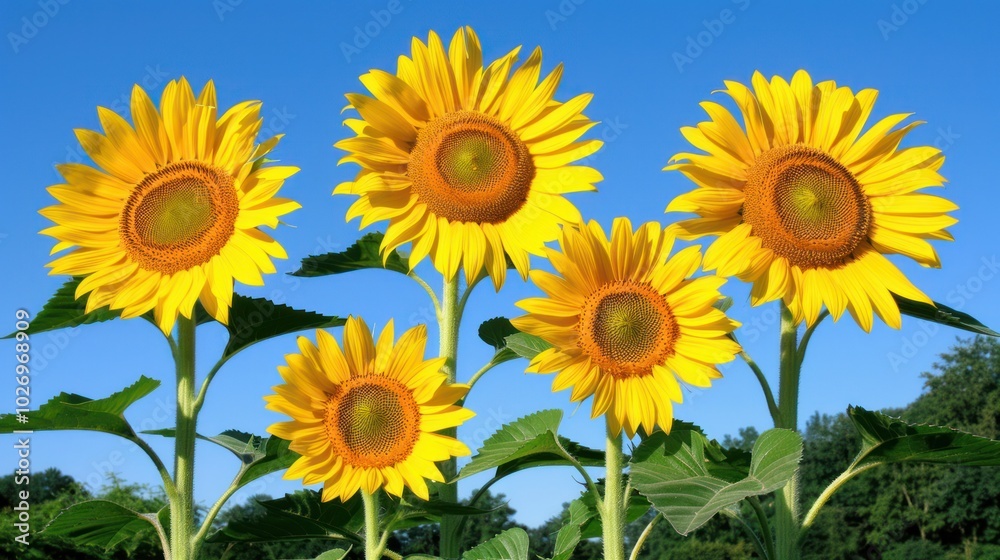 Obraz premium Five Sunflowers Blooming Against a Clear Blue Sky