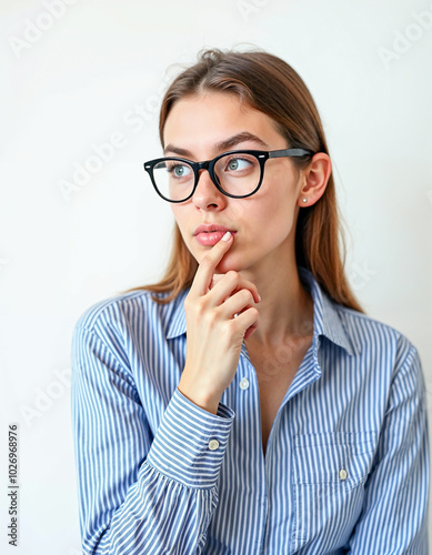 Pensive Young Woman in Striped Shirt and Glasses Looking Thoughtful