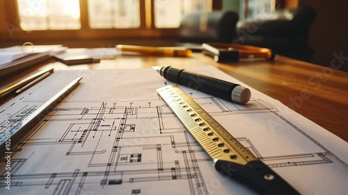 Close up of a ruler, pen, and blueprints on a wooden table.