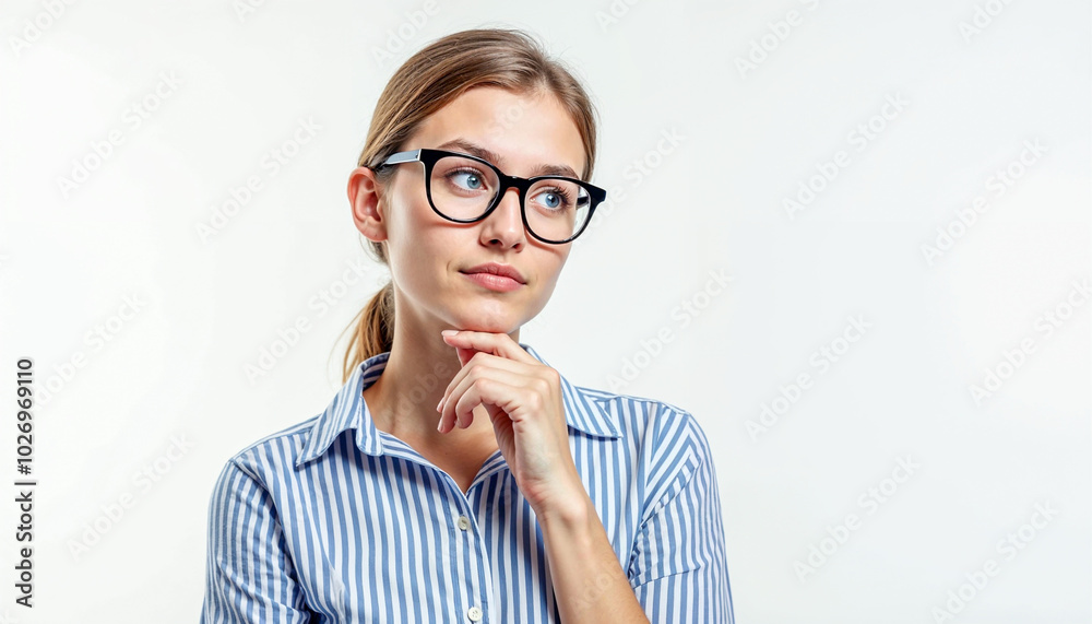 Pensive Young Woman in Striped Shirt and Glasses Looking Thoughtful Pensive Young Woman in Striped Shirt and Glasses Looking Thoughtful