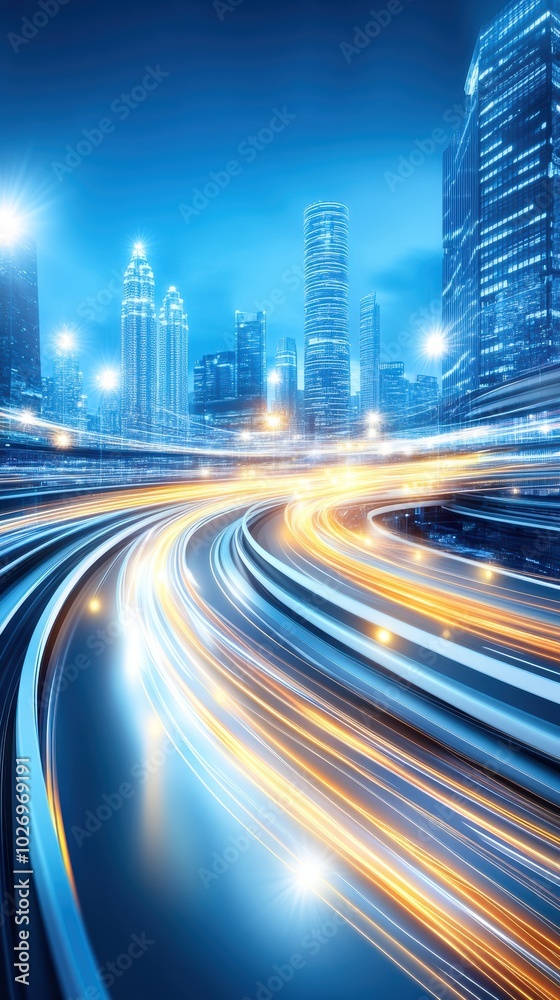 A vibrant cityscape showcasing dynamic light trails against sleek skyscrapers in a glowing blue ambiance. A vibrant cityscape showcasing dynamic light trails against sleek skyscrapers in a glowing blue ambiance.