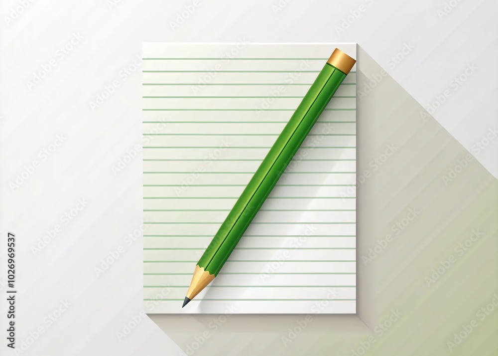 Minimalist Green Pencil Hovering Above Lined Paper Document - Vector Illustration for Creative Projects Minimalist Green Pencil Hovering Above Lined Paper Document - Vector Illustration for Creative Projects