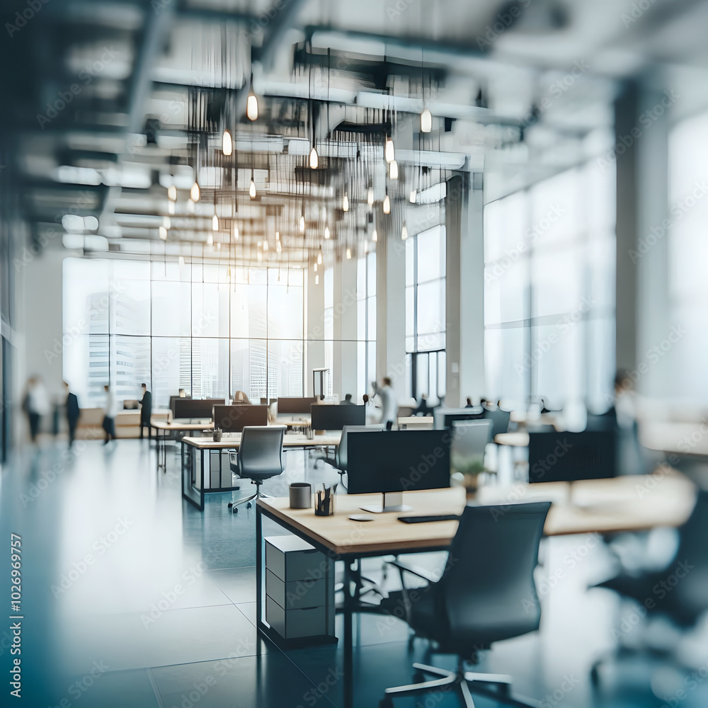 Blurred empty open space office. Abstract light bokeh at office interior background for design Blurred empty open space office. Abstract light bokeh at office interior background for design
