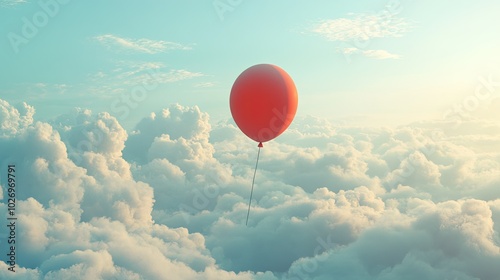 A red balloon floating among the clouds, symbolizing joy and freedom