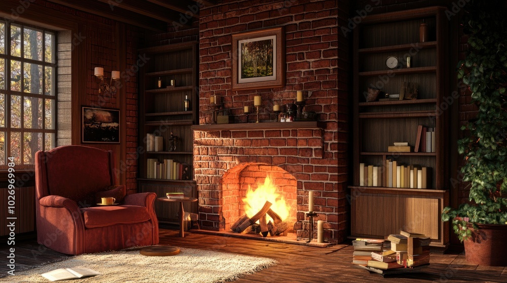 A red brick fireplace crackling with warm fire on a chilly evening, creating a cozy atmosphere