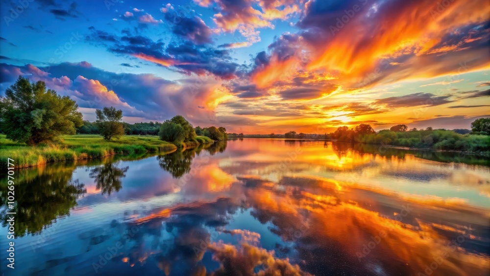 Sunset over the river with colorful clouds reflecting on the water, sunset, river, water, reflections, sky, clouds, colorful Sunset over the river with colorful clouds reflecting on the water, sunset, river, water, reflections, sky, clouds, colorful