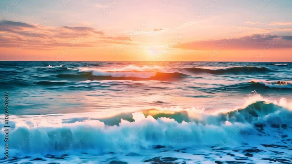 Ocean waves crashing during a colorful sunset. Ocean waves crashing during a colorful sunset.