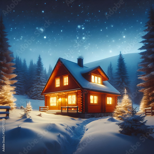 A warm and cozy cabin with glowing windows stands out in a tranquil snow-covered forest landscape during a peaceful winter night