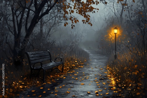 Wooden bench in a quiet autumn park, with vibrant fall foliage scattered around, creating a peaceful, nostalgic scene.