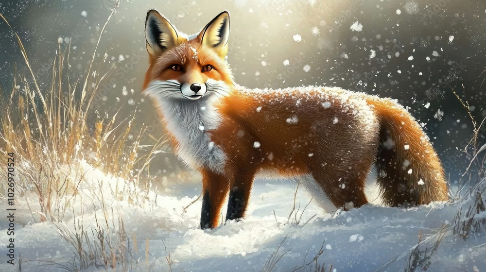 Fototapeta premium A red fox standing in a snow-covered field, its fur bright against the wintry backdrop