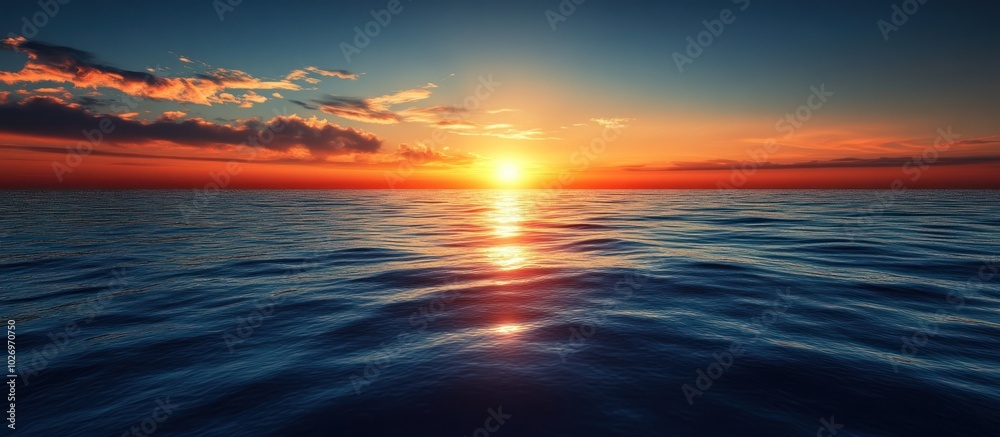 Obraz premium A vibrant sunset over the ocean, casting a golden glow on the rippling water.