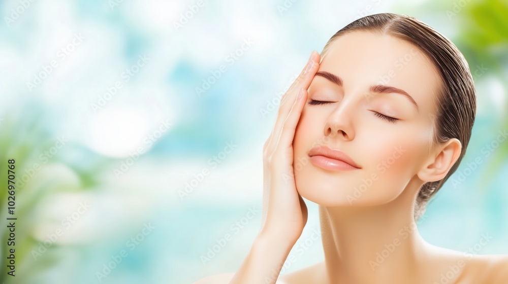 Radiant Serenity: A woman's serene beauty is captured in a close-up portrait, her eyes closed and hand gently resting on her cheek, evoking a sense of tranquility and well-being. Radiant Serenity: A woman's serene beauty is captured in a close-up portrait, her eyes closed and hand gently resting on her cheek, evoking a sense of tranquility and well-being.