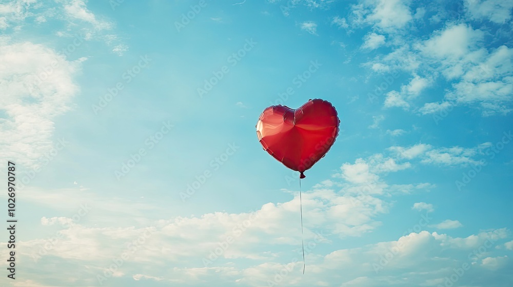 Fototapeta premium A red heart-shaped balloon floating in the sky on Valentine's Day, symbolizing love