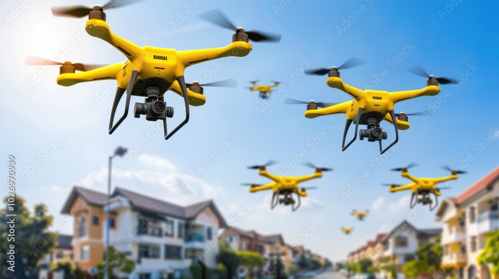 Yellow Drones Flying Over Suburban Neighborhood Yellow Drones Flying Over Suburban Neighborhood