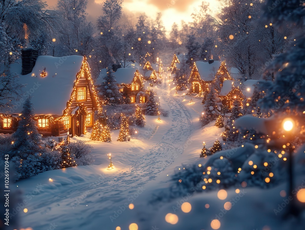 charming winter village scene, with snow-covered rooftops and twinkling holiday lights, capturing the warmth of the season in a nostalgic postcard style, ideal for celebrating christmas and new year charming winter village scene, with snow-covered rooftops and twinkling holiday lights, capturing the warmth of the season in a nostalgic postcard style, ideal for celebrating christmas and new year