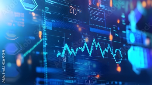 Close-up digital screen showing line graph with upward and downward trends, symbolizing cancer research progress and setbacks, medical charts and scientific symbols in background